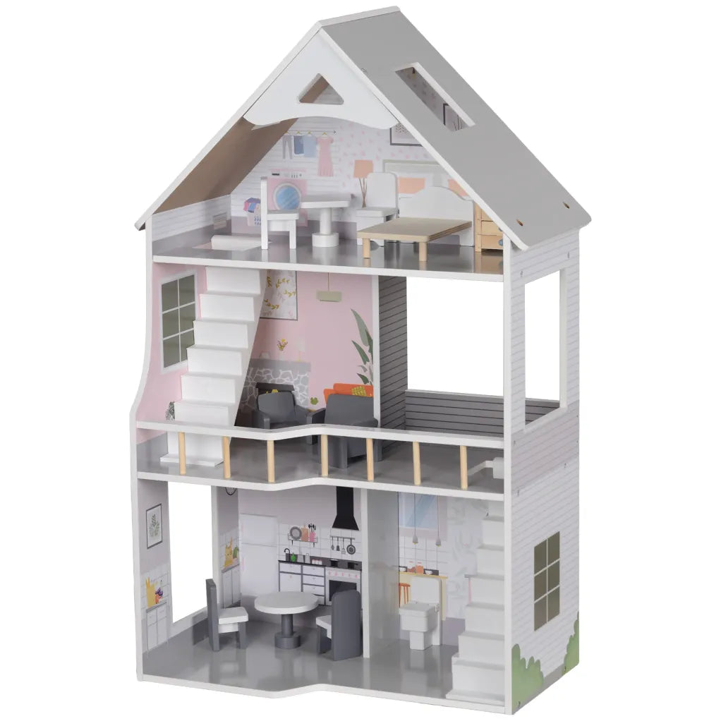 AIYAPLAY Maison de poupée en bois 3 étages avec 13 meubles – Jeu ouvert