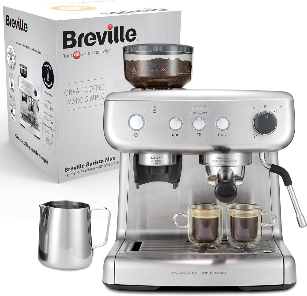 Breville Barista Max Machine à expresso avec porte-filtre | Broyeur intégré et mousseur à lait | Réservoir 2,8 L | Pompe italienne 15 bar | Acier inoxydable [VCF126X] 1