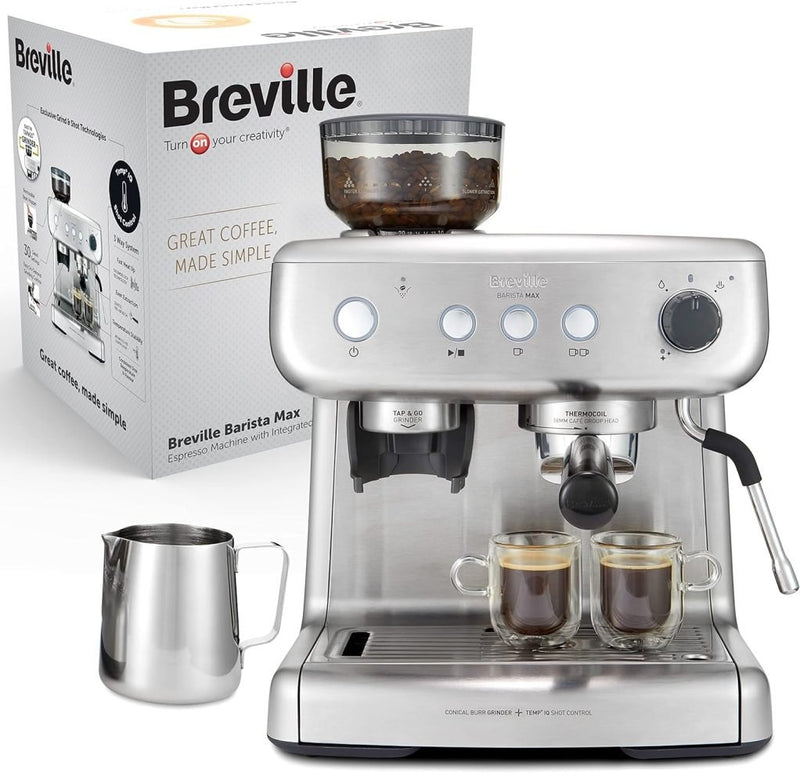 Breville Barista Max Machine à expresso avec porte-filtre | Broyeur intégré et mousseur à lait | Réservoir 2,8 L | Pompe italienne 15 bar | Acier inoxydable [VCF126X] 1