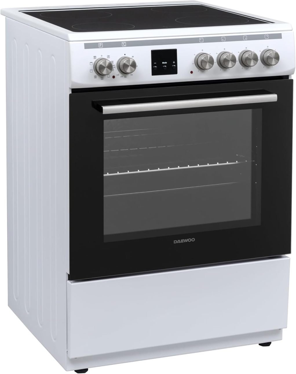 Daewoo F6EV22WL3DE Cuisinière pose libre avec plaque vitrocéramique, classe A, four 65 L, 8 modes de cuisson, émail facile à nettoyer, 4 zones, blanche 1